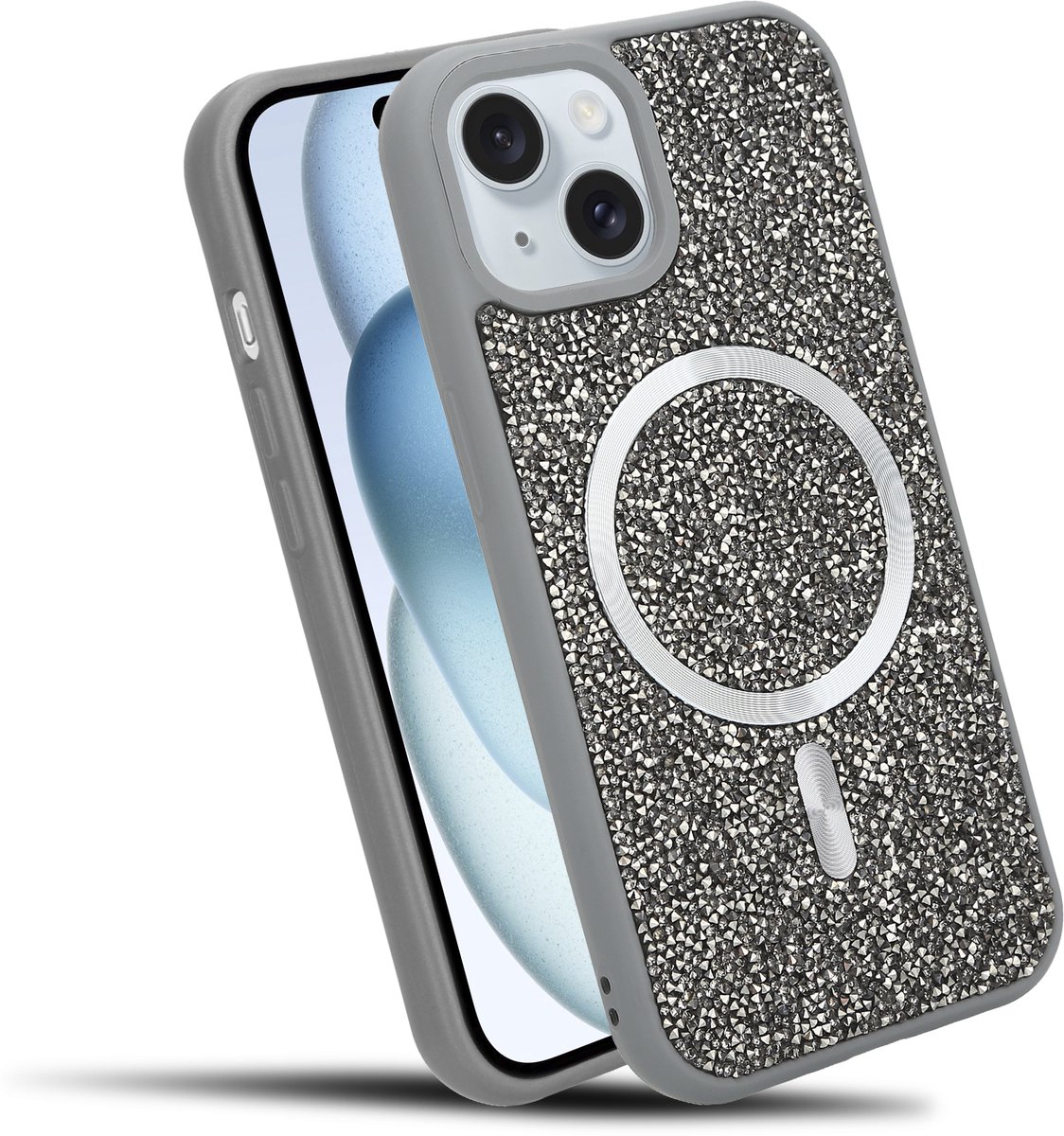 Hoesje geschikt voor iPhone 14 PLUS / 15 PLUS in Grijs Diamant Glitter Stijl