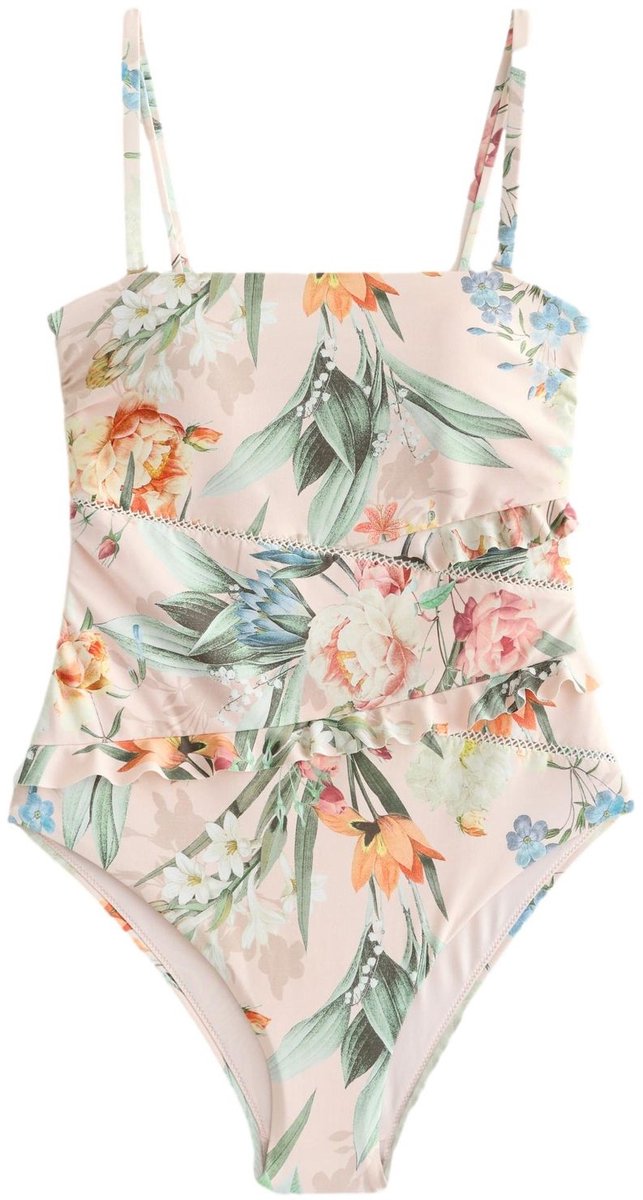 Next Dames - Buikcorrigerend bandeaubadpak met ladderinzet en ruches - Roze Pink Floral