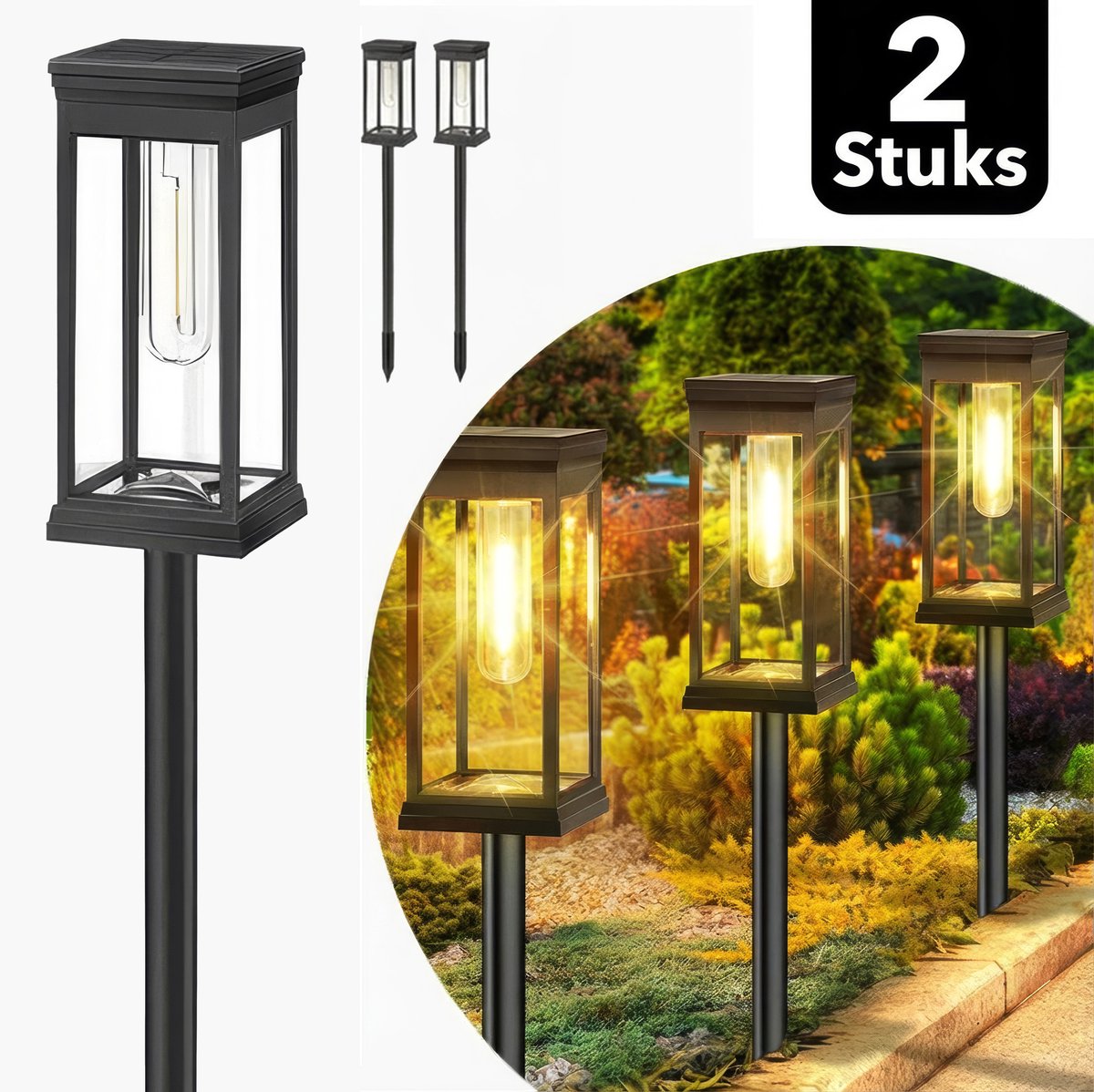Webzon Solar Tuinverlichting Set van 2 (60x7 cm) - Solar Priklamp op Zonne-energie - LED Warm Wit - 8–12 uur gebruikstijd - Buitenlamp / Tuinlamp / Padverlichting - Lantaarn voor buiten - IP65 Waterdicht - Zwart