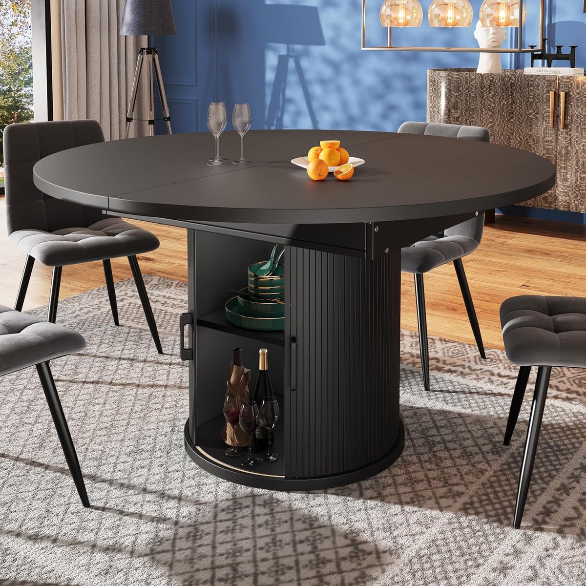 Uitschuifbare Ronde/Ovale Eettafel met Opbergruimte 118–158 cm – Moderne Zwarte Eettafel voor 4-6 Personen met Schuifdeuren en Verstelbare Poten