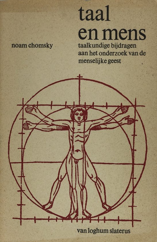 Livre "taal en mens" avec "taalkundige bijdragen aan het onderzoek van de menselijke geest" par noam chomsky, avec l'Homme de Vitruve.