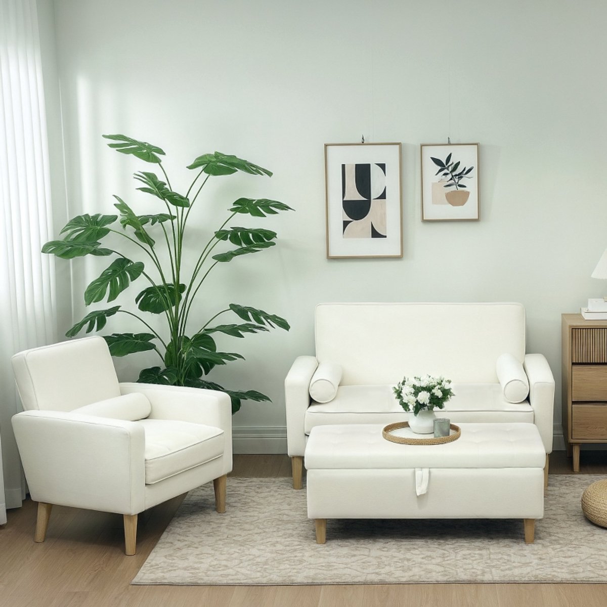 REDOM - Opberghocker - Modern Ontwerp - Voor Woonkamer - Polyester - Crèmewit - 115 X 50 X 43 Cm