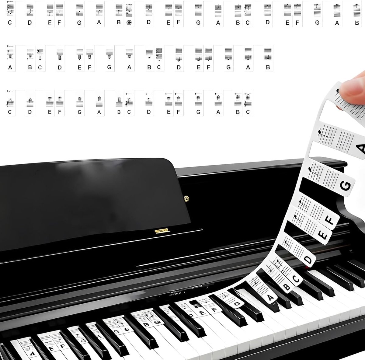 Piano, 88 toetsen, toetsstickers voor beginners, verwijderbare siliconen toetsstickers (zonder lijm), complete set muziekstickers voor het pianoklavier (inclusief opbergdoos), zwart