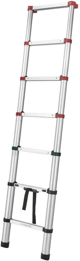 Uitgeschoven aluminium telescoopladder met rode en groene details en PARKSIDE logo.