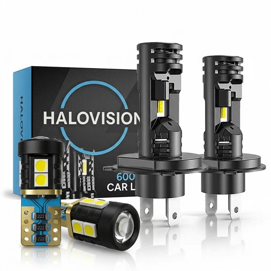 HaloVision Turbo LED Koplamp H4 + T10 W5W Bundel 6000K Helder Wit - Canbus Plug en Play Dimlicht Grootlicht Stadslicht DRL Interieur en Kenteken LED Set