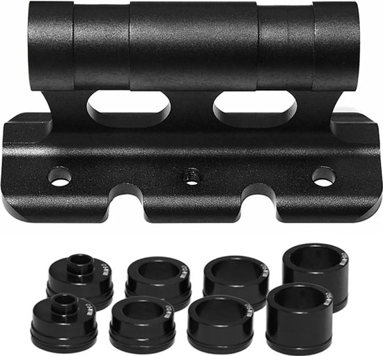 Support de fourche de vélo noir avec plaque de montage et jeu de 8 adaptateurs noirs.