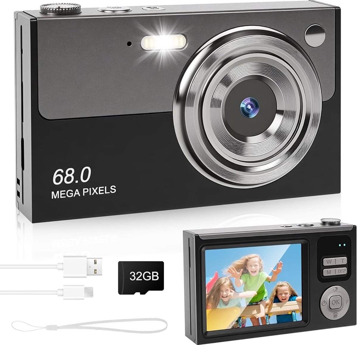 Digitale Camera - 68MP - Fototoestel - Compact Camera - Vlog Camera - Mini Camera - Autofocus - 16X Digitale Zoom - Anti-Shake - 32GB - Zwart Grijs thumbnail 4