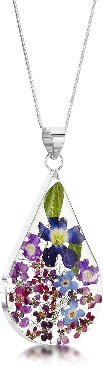 Bloemketting Zilver - Echte Bloem - Feestelijke Accessoire - Handgemaakt Uniek - 36x20mm Hanger - Paars