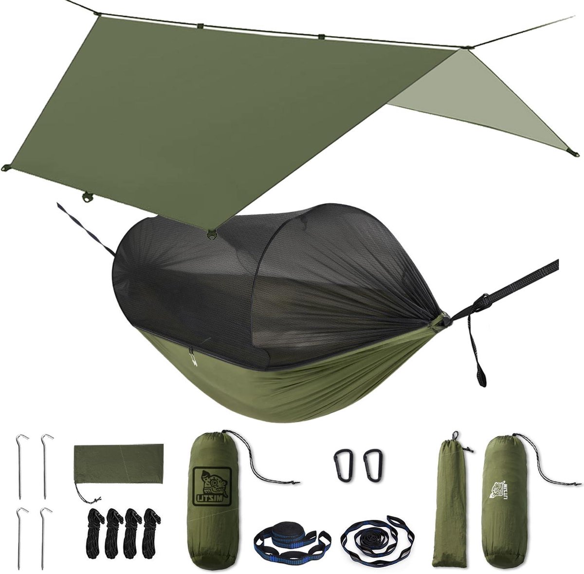 Camping hangmat - Draagbare hangmat - Buiten ontspannen - Met ingebouwd net - Extra groot formaat - Groene bundel