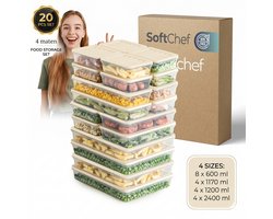 Soft Chef Fresh Box 20 delige voedselbewaarset (8x600 ml 4x1170 ml 4x1200 ml 4x2400 ml) BPA-vrij luchtdicht lekvrij magnetron vaatwasser en vriezerbestendig