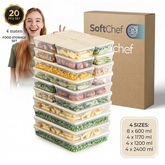 Coffret de conservation alimentaire Soft Chef Fresh Box 20 pièces (8x600 ml 4x1170 ml 4x1200 ml 4x2400 ml) Sans BPA, hermétique, anti-fuite, compatible micro-ondes, lave-vaisselle et congélateur