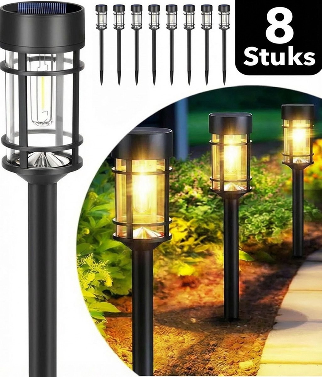 Webzon - Solar Tuinverlichting Set van 8 (7x46 cm) - Solar Priklamp op Zonne-energie - Filament LED Warm Wit - 8–10 uur gebruikstijd - Buitenlamp / Tuinlamp / Padverlichting - Lantaarn voor buiten - IP65 Waterdicht - Zwart