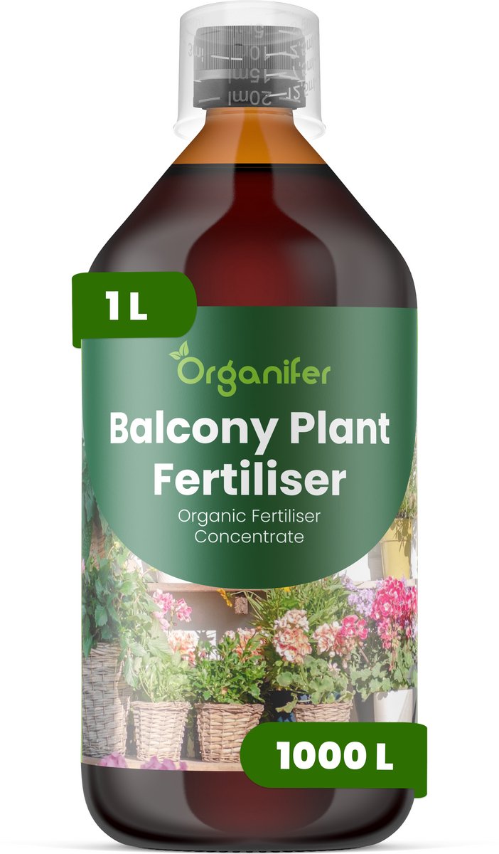 Vloeibare Meststof Voor Balkonplanten 1 L Voor 1000 L - Npk 2-1-8 - Balkonplanten - Bloemproductie - Lange Bloeiperiode - Volle Plantstructuur - Windbestendig - Hittebestendig - Droogtetolerantie - Sterke Wortels - Balkonbakken - Organifer