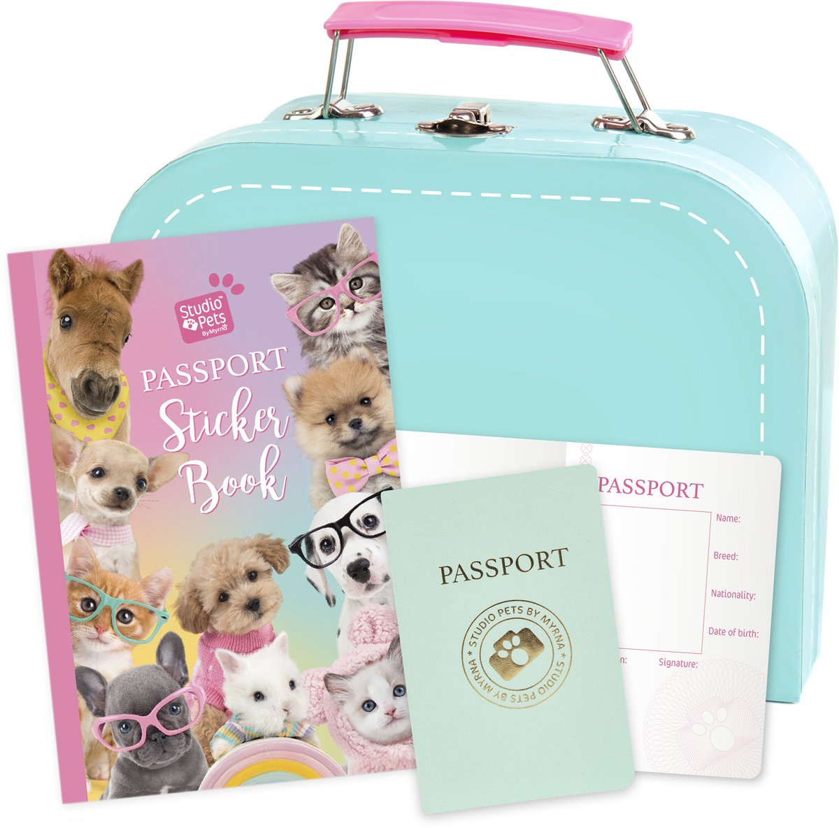 Studio Pets® Blauwe kartonnen koffertje met stickerboek en paspoort (20×8,7×15,5 cm) – ideaal voor onderweg