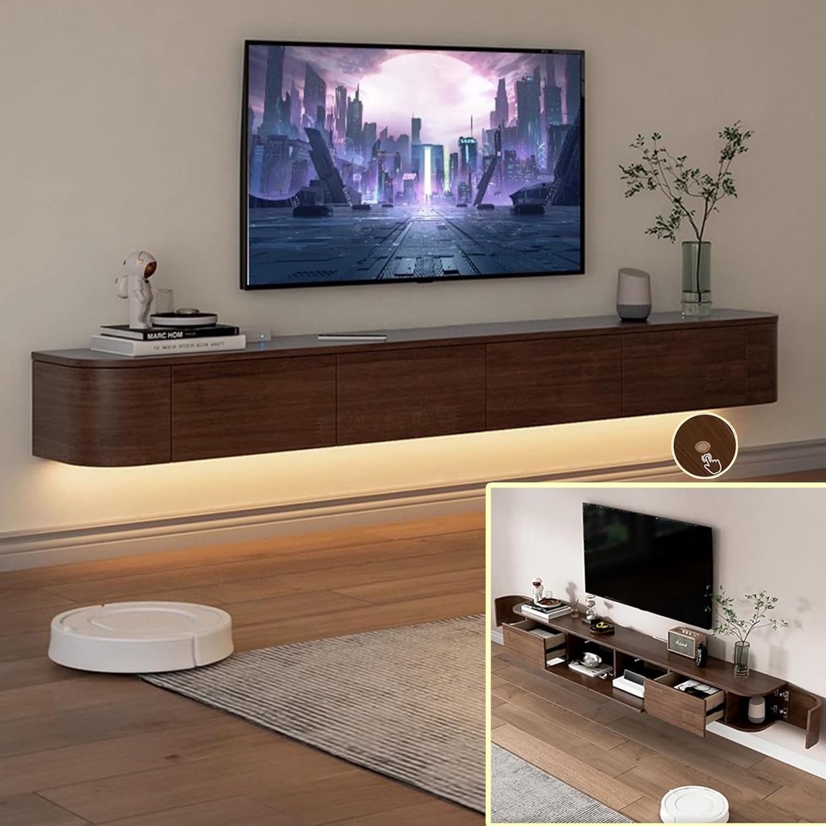 TV meubel zwevend massief hout – Wand TV kast met deur & opbergruimte – 250 kg draagkracht multimedia console met kabelmanagement – Urbanhome