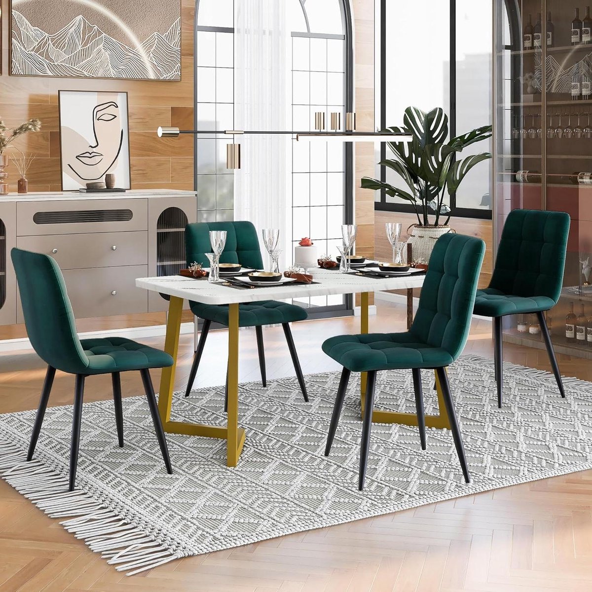 Eettafel met stoelen - Keukentafel set - Samen eten - Fluwelen stoelen - 117x68x75cm - Donkergroen