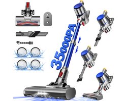 Authmic Steelstofzuiger Draadloos - 35.000Pa Zuigkracht - 6-in-1 Multifunctioneel Ontwerp - 6*2200mAh - 50 Min - GreenEye Technologie - Wandbeugel - Geschikt voor Huisdierharen, Tapijt en Harde Vloeren - Blauw
