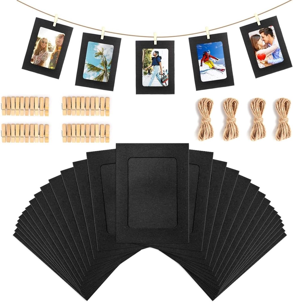 30 Stuks Kraft Papieren Fotolijsten 11.5 x 15.5cm met Mini Houten Clips en Touw voor Wanddecoratie Thuis, School en Kantoor
