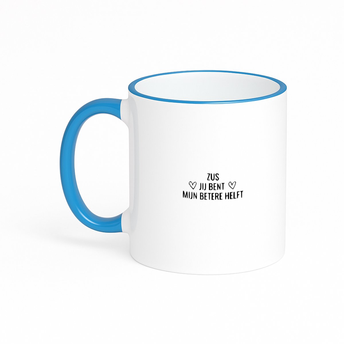 Hacebo® - zus jij bent mijn betere helft koffiebeker met gekleurde rand blauw - een zus die de betere helft is - thee mok - koffie beker - cadeautje - verjaardagscadeau - verjaardag - cadeau voor zus - cadeau - kado - koffiemok - 330 ML