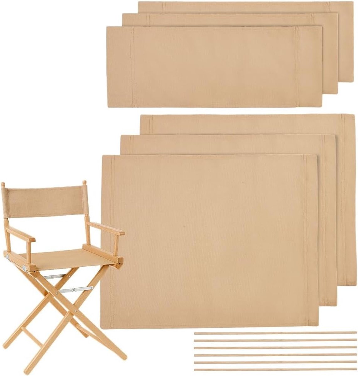 3 Sets Vervangende Stoelhoezen voor Regisseursstoelen, Beige Canvas, Inclusief 6 Houten Stokken, Geschikt voor Thuisgebruik, Picknicks en Vissen - 53x42.5cm