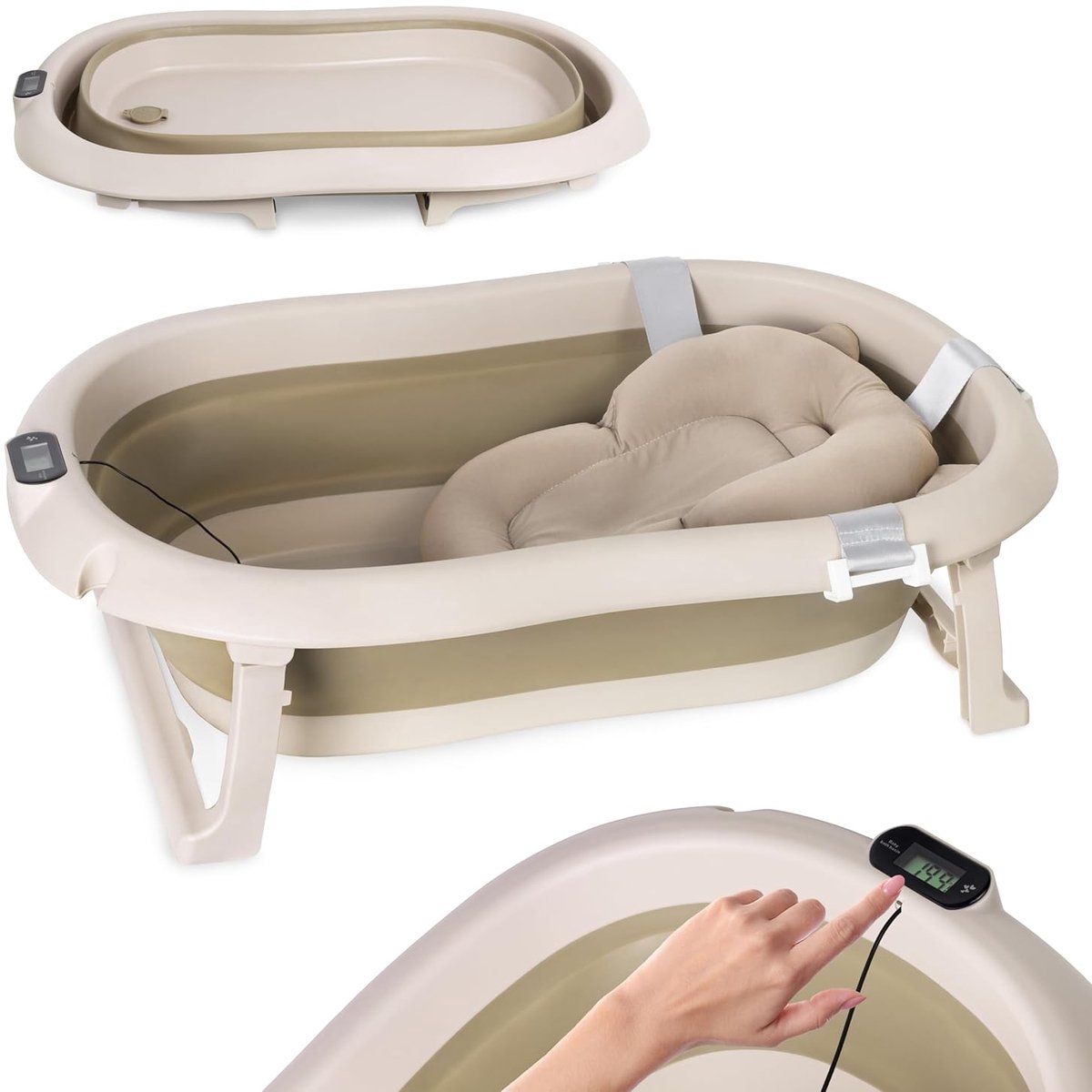 moovkee. Opvouwbaar Babybadje 80 cm Beige met Thermometer & Badkussen – Antislip Draagbaar Babybad voor 0-36 Maanden