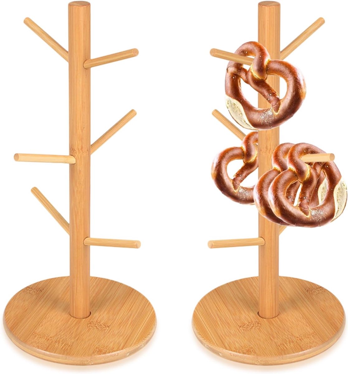 longziming - Mokkenboom - Natuurlijke Houten Display Stand - 2 Stuks - Pretzel Standaards - 6 Arm Displayhouder - 36cm x 16cm - Multifunctionele Houder Voor Pretzels, Donuts, Bekers En Worstjes
