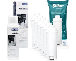 Sillar, 6 x Waterfilter, vervanging voor DLS C002 SER3017, compatibel met koffiezetapparaten DeLonghi Dinamica PrimaDonna, catridge + 1x Reinigingsvloeistof voor het melkcircuit, Delonghi SER3013, original