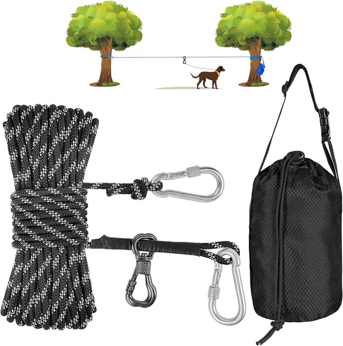 Hond Camping Leash - Honden Trolley Systeem - Outdoor Avonturen - Overhead Trolley Systeem - 15 m - Zwart