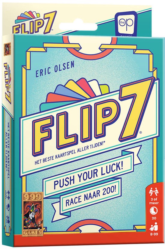 Doosspel FLIP 7: turquoise met gele letters en kaarten, tekst "HET BESTE KAARTSPEL ALLER TIJDEN!", Eric Olsen