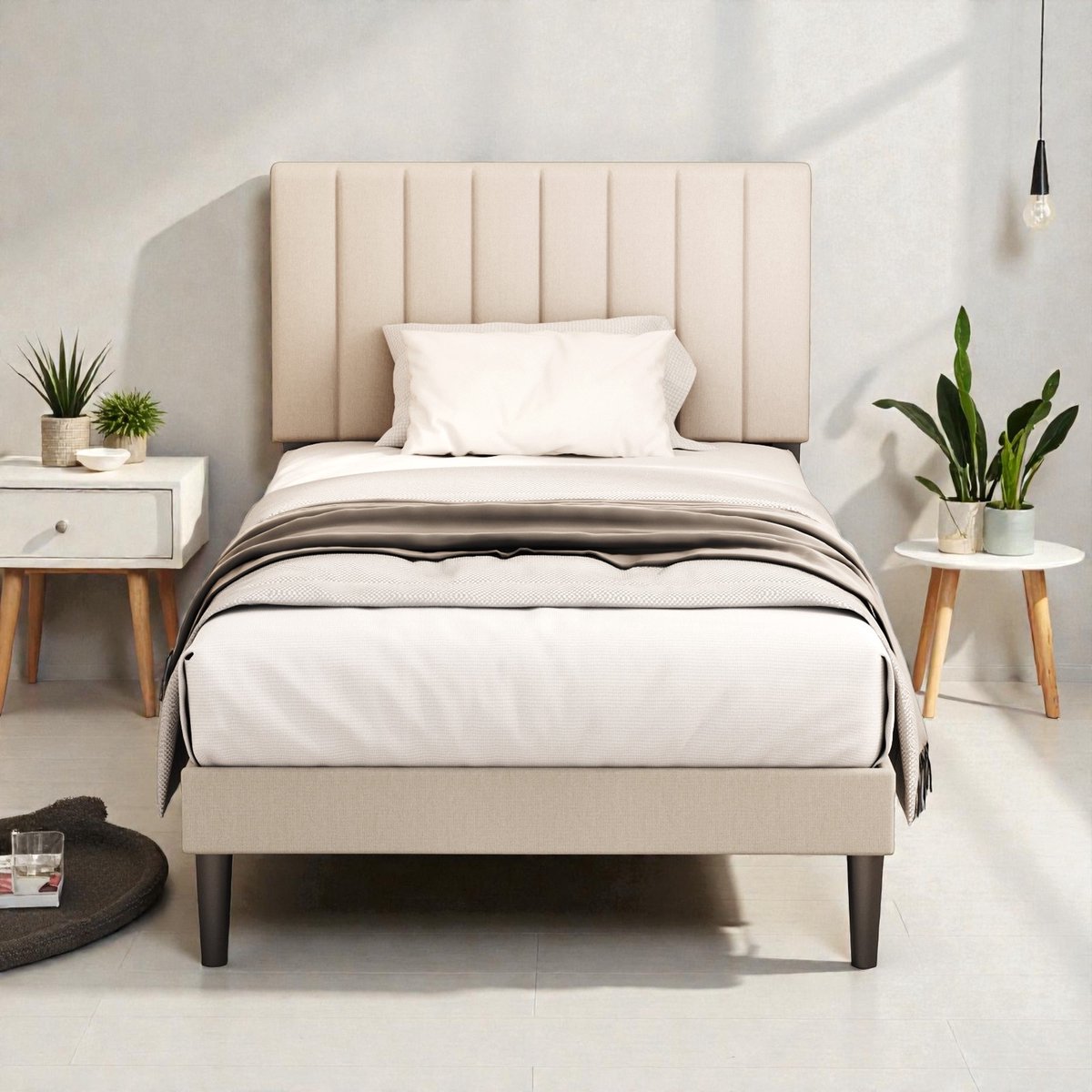 Lonheo Gestoffeerd Bedframe 90x200 cm - met Verticale Strepen - Bedframe met Lattenbodem - Grote Opbergruimte 17 cm - Eenpersoonsbed - Stevig Metalen Frame - Zonder Matras - Draagkracht 260 kg - Grijs