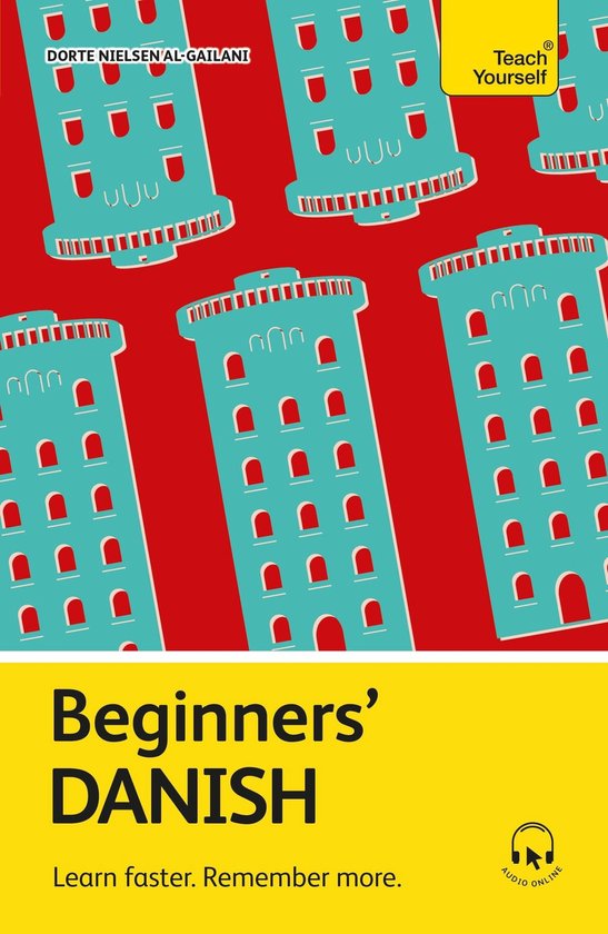 Beginners' DANISH, een Teach Yourself cursus. Turquoise gebouwen met rode ramen op een rode achtergrond.