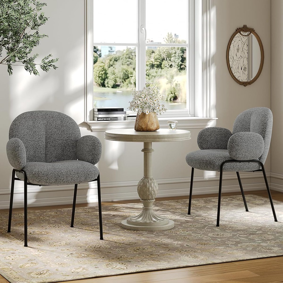 Moderne Luxe Eetkamerstoel Set van 2 met Armleuningen – Ergonomische Gestoffeerde Stoelen met Memory Foam Zitkussen 10 cm, Hoge Rugleuning 80,5 cm, Metalen Frame & Verstelbare Poten, 49x58x80,5 cm Donkergrijs
