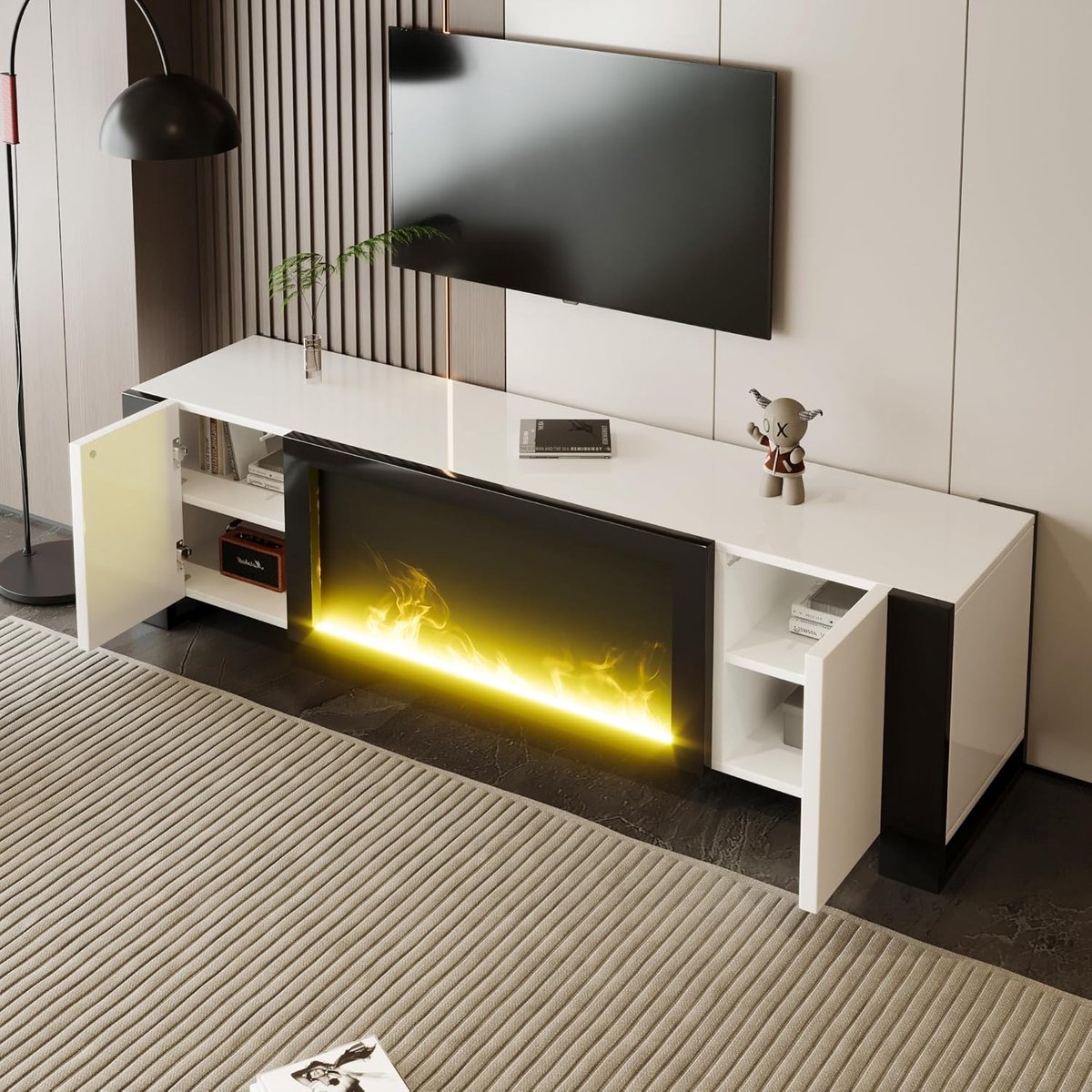 TV meubel met elektrische sfeerhaard 160 cm – Hoogglans wit lowboard met vlameffect (zonder verwarming) – TV kast met 2 deuren & opbergruimte – Urbanhome