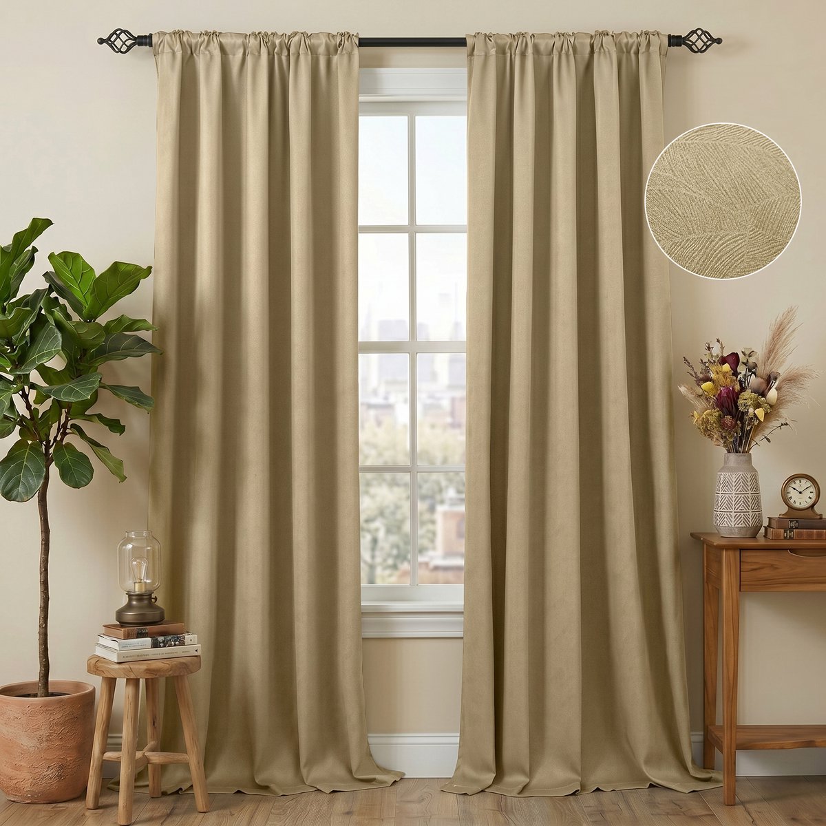 Qelus Luxury Embossed Verduisterende Gordijnen Kant-en-klaar (2-panelen) – 310GSM Dik - 85% Lichtdicht - Thermisch Isolerend Blackout Overgordijnen – voor Slaapkamer & Woonkamer - 132x244cm - Beige