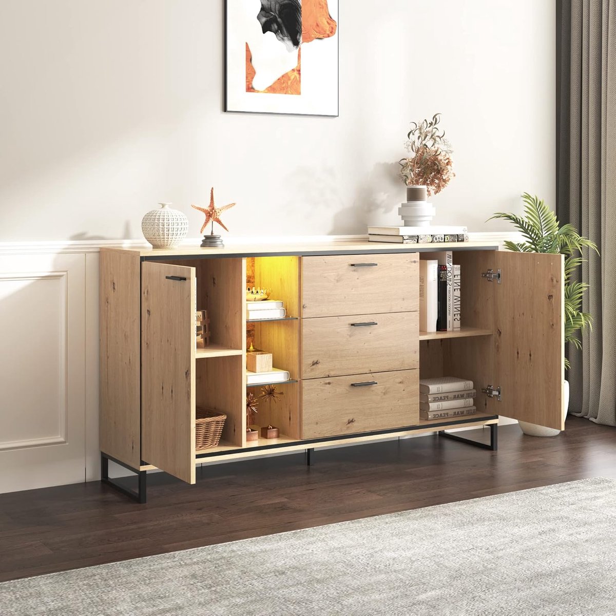 Dressoir met LED Verlichting 160 x 40 x 85 cm Sideboard Kast met 2 Deuren en 3 Lades Modern Buffetkast Opbergkast voor Keuken Woonkamer en Eetkamer Zwart Hout Look Urbanhome