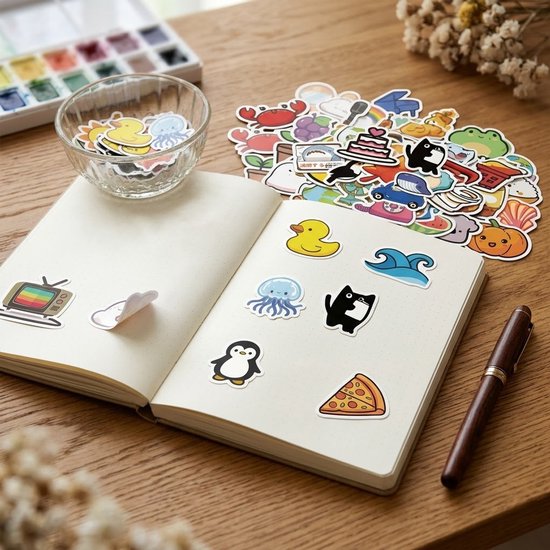 Carnet ouvert avec des autocollants : TV, nuage, méduse, chat noir, pingouin et pizza sur une table en bois.