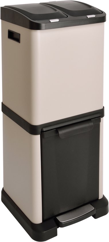 Taupe afvalbak met twee gescheiden vakken boven en één groot vak onder, met zwarte deksels en pedaal.