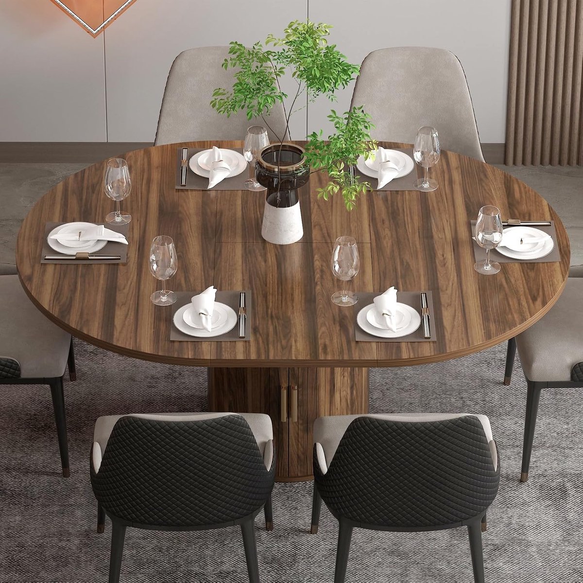 Uitschuifbare Ronde Eettafel “Rustic Elegance Oval Extend” 110x110x75 cm – Modern Landelijk Design met Opbergruimte, Ovaal Uitschuifbaar voor 4-6 Personen, Rustiek Bruin, Massieve Podestvoet