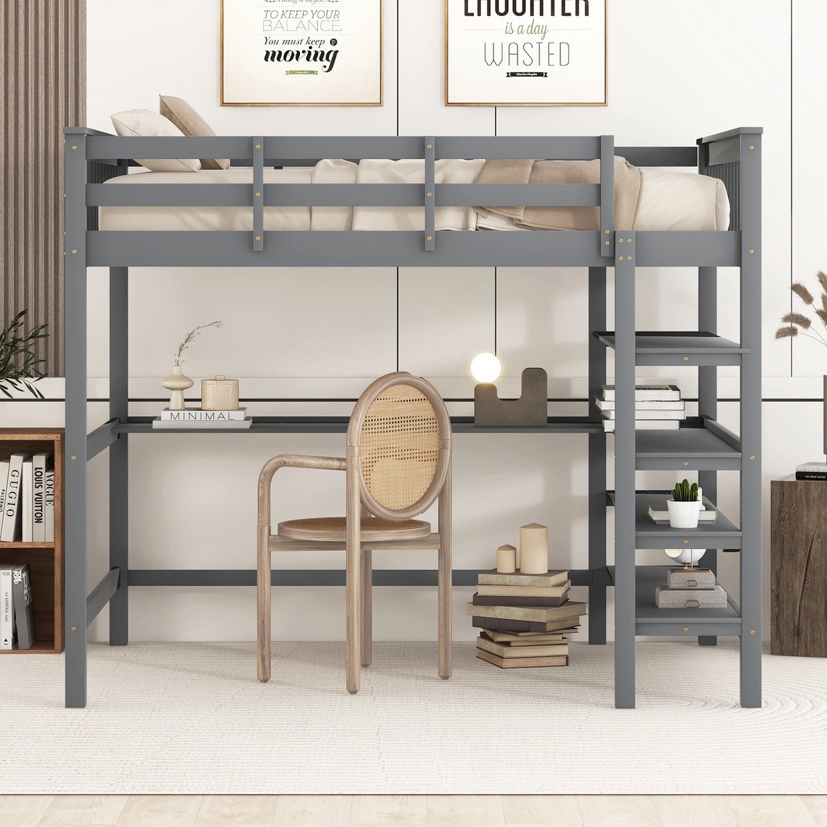 Wishdor Hoogslaper 140x200 cm – Met Bureau & Opbergvakken – Minimalistisch Design – Creëert Ruimte – Grenen & MDF – Grijs