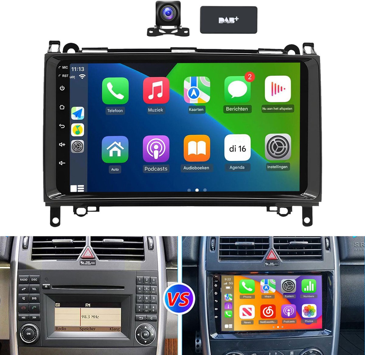 ESSGOO Autoradio - Geschikt voor Mercedes-Benz W169 W245 Sprinter W906 - Draadloze CarPlay & Andriod Auto - Android 15 4 + 64G - Bluetooth & Wifi FM RDS GPS-Navigatiesystem - AHD Achteruitrijcamera - DAB+