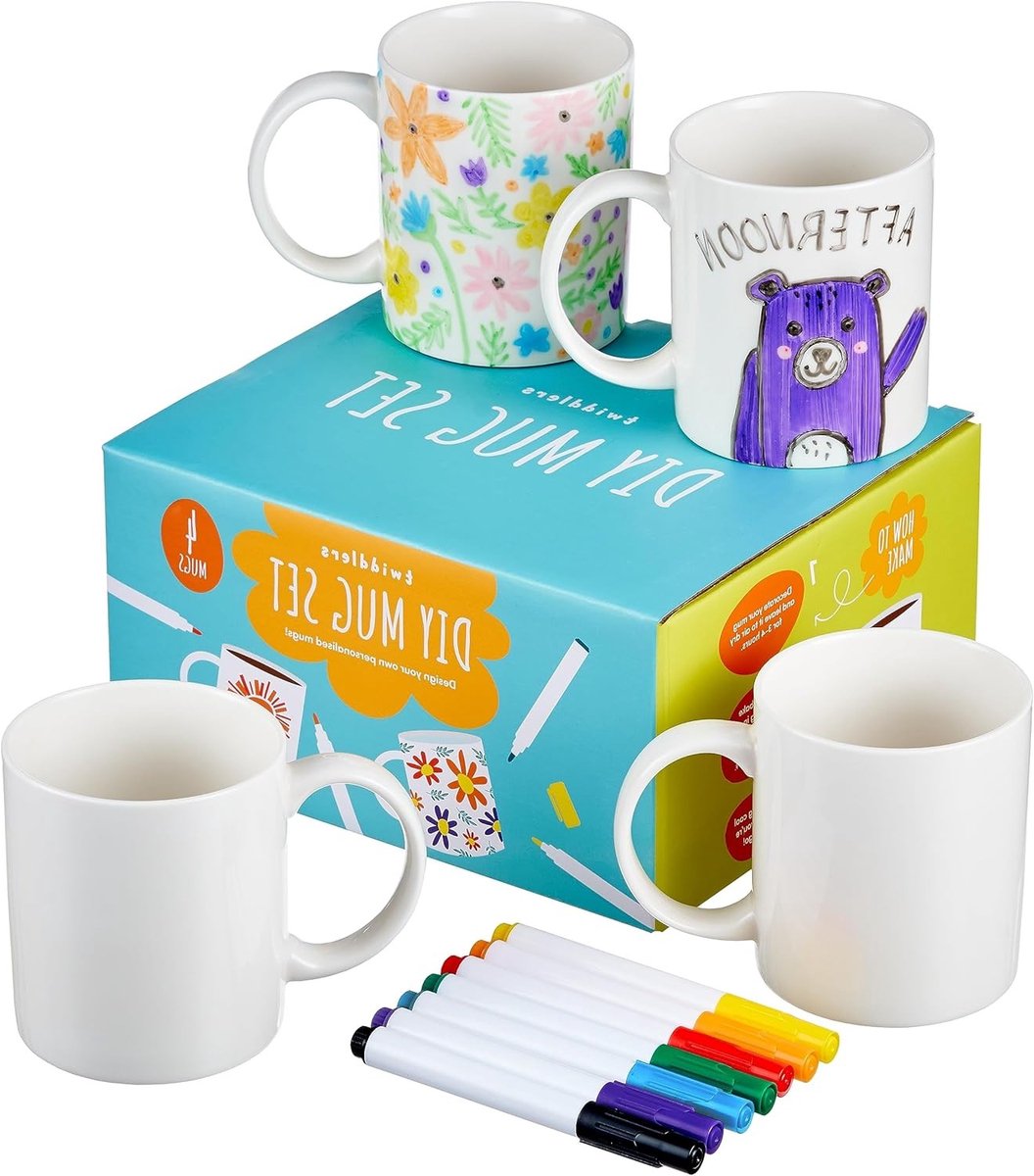 Set van 4 Porseleinen Mokken om te Schilderen en Versieren met 7 Stiften - Creatieve Knutselactiviteit voor Kinderen, Persoonlijk Cadeau voor Vaderdag, Moederdag en Verjaardagen