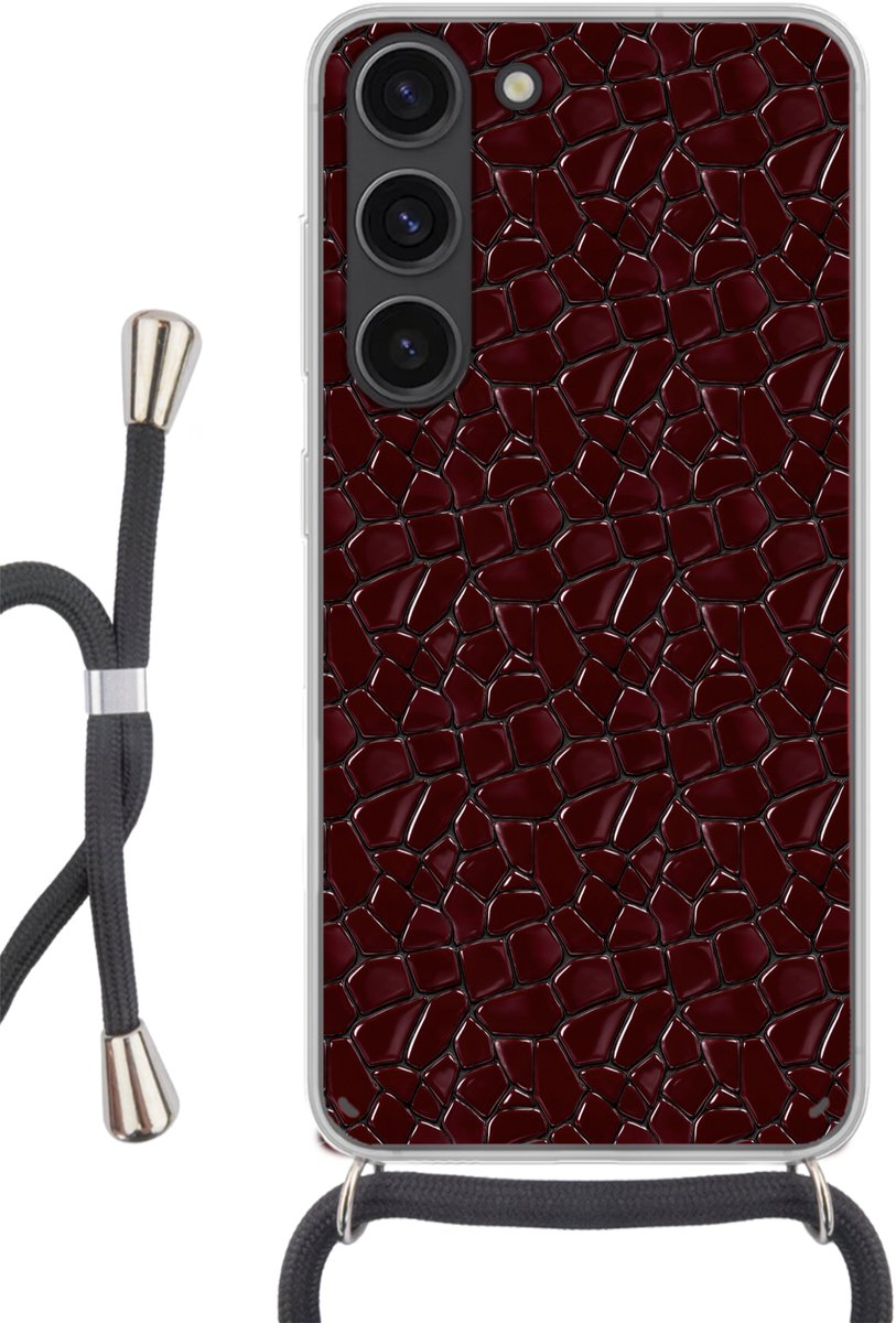 Telefoonhoesje Geschikt voor Samsung Galaxy S23 - Mozaïek - Tegel - Bordeauxrood - Siliconen - Crossbody - Backcover met Koord - Telefoonhoesje met koord - Hoesje met touw Telefoonhoesje