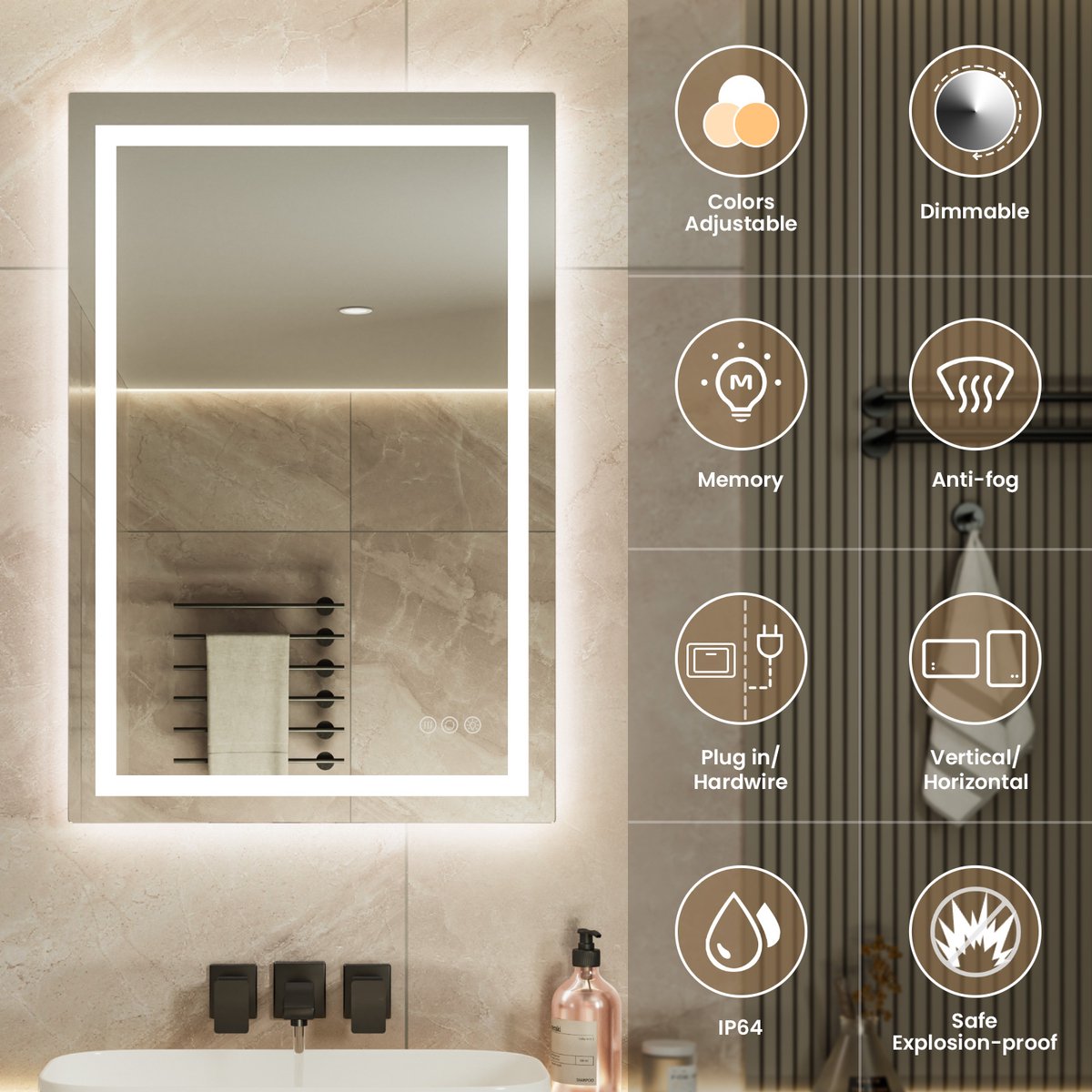 Auralum® - Rechthoek Badkamerspiegel Frameloos met LED Verlichting - Dimbaar - Anti-Condens - 2700K/4000K/6000K - Warm/Neutraal/Koud Wit - 90X60cm