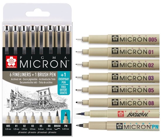 Sakura Pigma Micron Fineliners - Etui Promotieset - 7 fineliners Zwart en 1 Pigma Micron PN