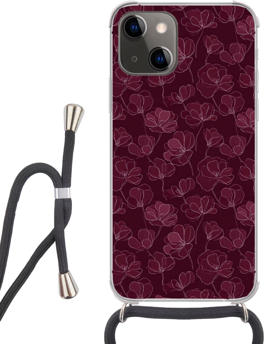 Telefoonhoesje Geschikt voor iPhone 13 Mini - Bloemen - Patroon - Bordeauxrood - Siliconen - Crossbody - Backcover met Koord - Telefoonhoesje met koord - Hoesje met touw Telefoonhoesje