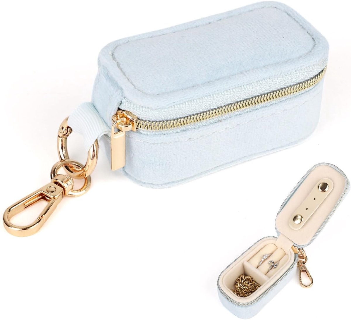 Mini Velvet Jewelry Travel Pouch - 2-in-1 Ring Holder Keychain Organizer - Kleine Box met Compartimenten voor Oorbellen - Voor het Opslaan van Ringen en Kettingpendants (Blauw)