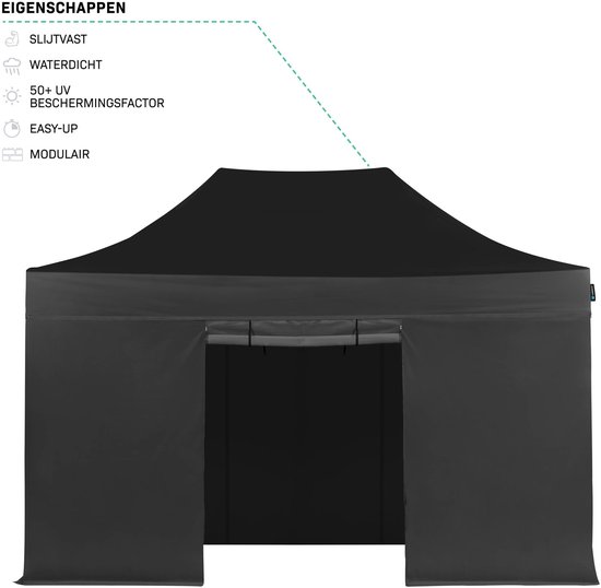 Zwarte partytent met deksel en zijwanden. Kenmerken: slijtvast, waterdicht, 50+ UV-bescherming, makkelijk op te zetten en modulair.