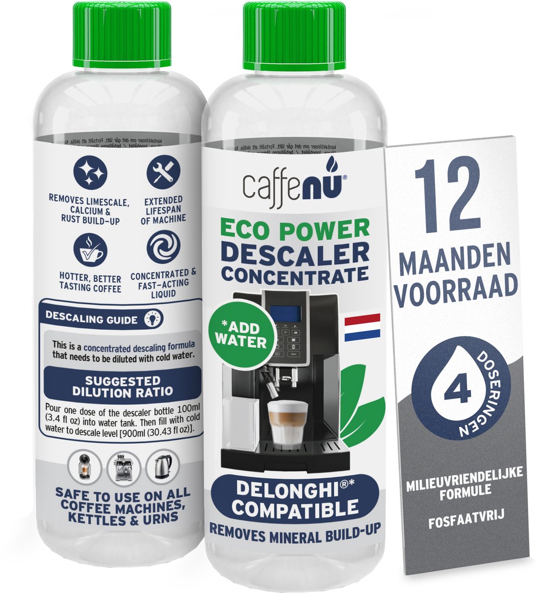 Caffenu Vloeibare Ontkalker voor DeLonghi Koffiemachine - 2 x 200 ml - 4 Doseringen - Verwijdert Kalkaanslag - Zorgt voor Warmere Koffie, Betere Smaak en Langere Levensduur Koffiezetapparaat
