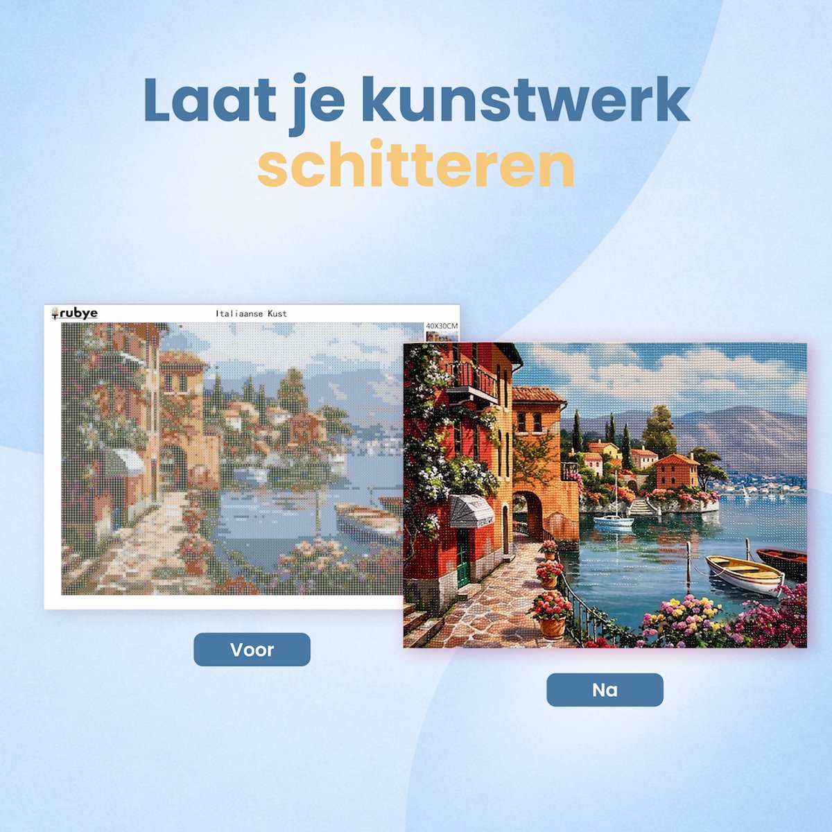 Rubye® Diamond Painting Volwassenen - Diamond Painting Kinderen - Diamond Painting Pakket Volledig - Italiaanse Kust - 40x30cm — afbeelding 9