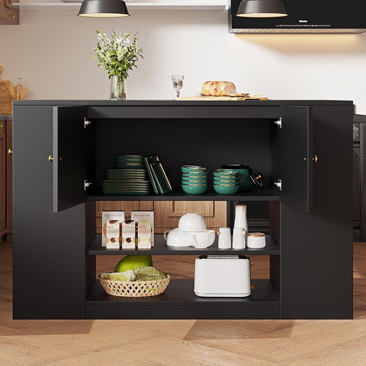 Luxe Modern Keukeneiland met Uitklapbaar Werkblad en Opbergruimte 140x70x90 cm – Multifunctioneel Keukenbuffet met Lades, Planken en Eetgedeelte – Zwart